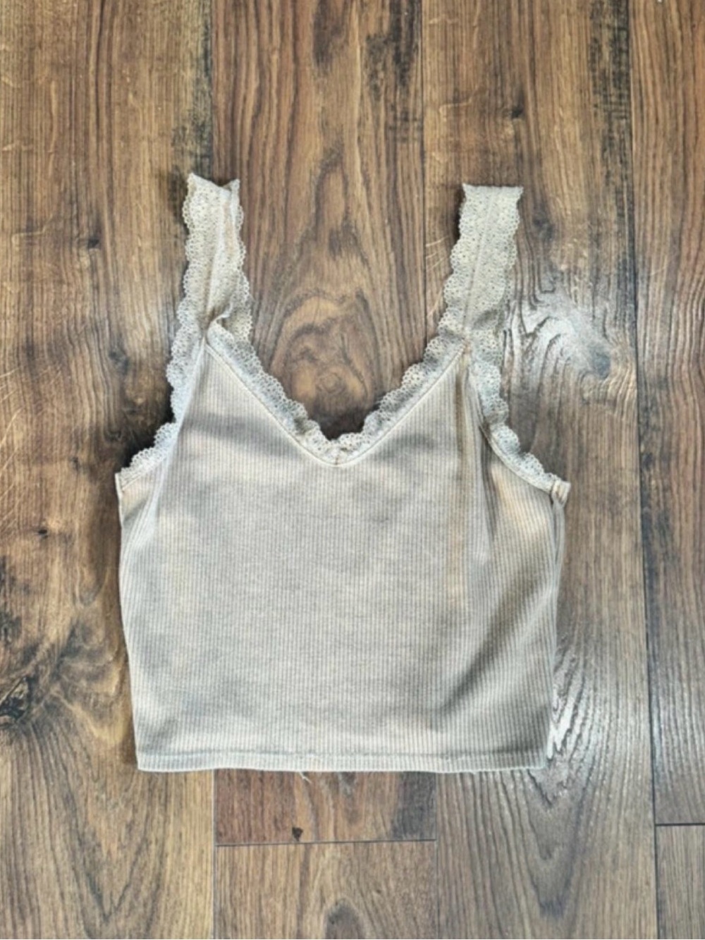 American Eagle Outfitters Ribbed Lace-Trim Crop Tank Top - Cream